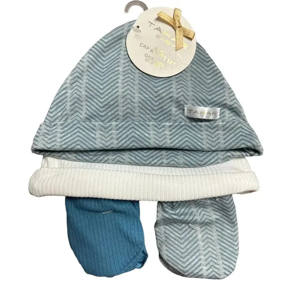 Tahari Baby Cap & Mitt Set - 2 Caps and 2 Pairs Mitts - One Size 0-3M Blue/White